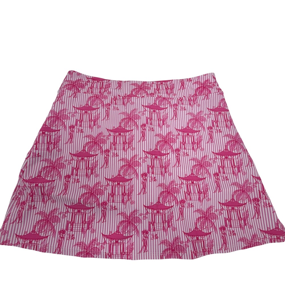 Jude Connally Pink White Chinoiserie Pagoda Stripe Skort Large Golf Tennis - Picture 2 of 10